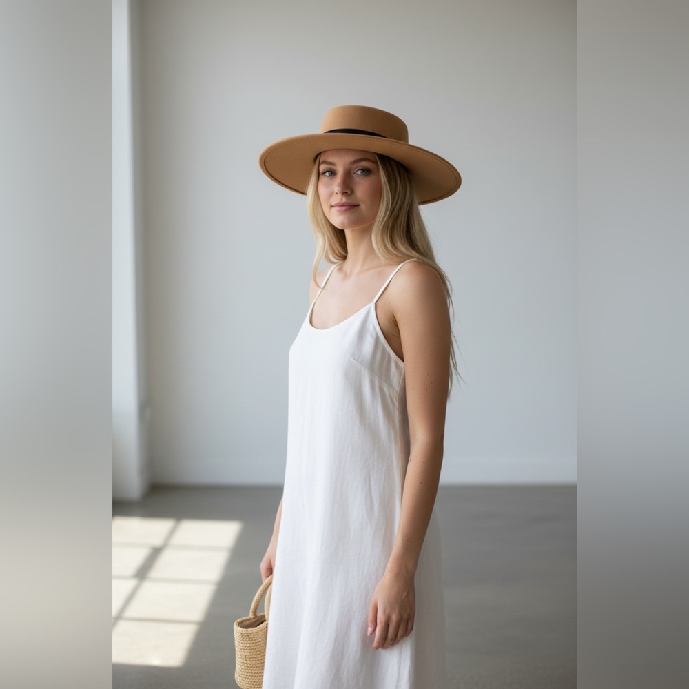 CG New York tan wide-brim fedora hat with black ribbon band